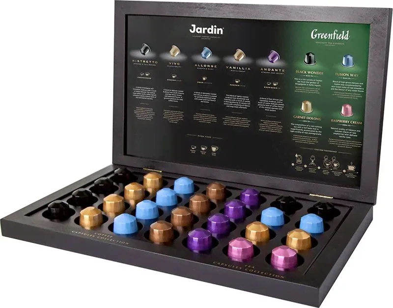 Greenfield Подарочный набор Jardin/Greenfield кофе и чай в капсулах Nespresso в деревянной шкатулке 122 г 9 вкусов, 28 шт