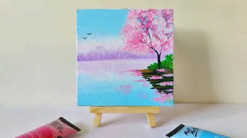 Cherry Blossom tree landscape painting on mini canvas for beginners || aesthetic paintings
