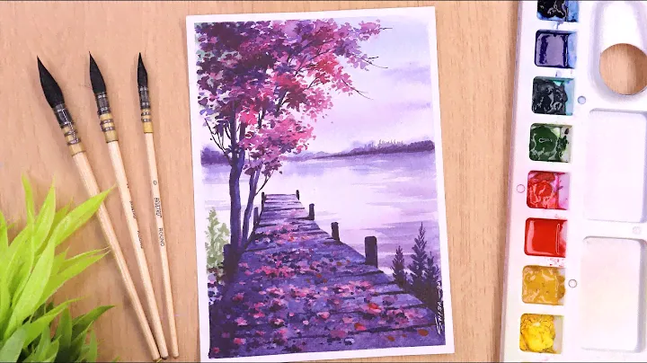 Watercolor painting of spring season landscape with cherry blossom trees and flowers